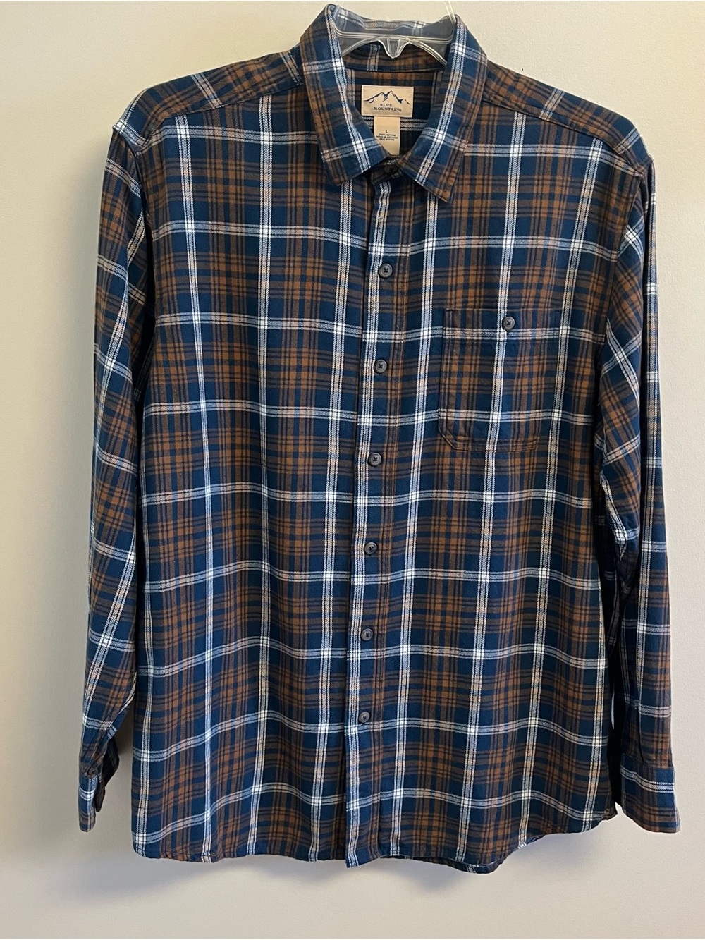 Blue Mountain Mens Flannel Shirt L Blue Brown Plaid Cotton LS Button Up